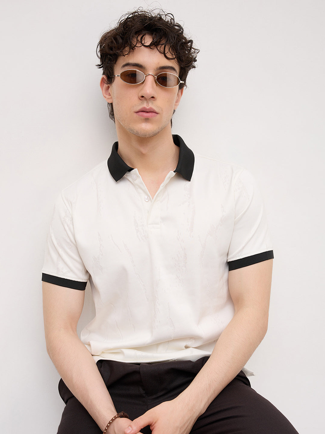 Intricate White Textured Contrast Polo Knit T-Shirt