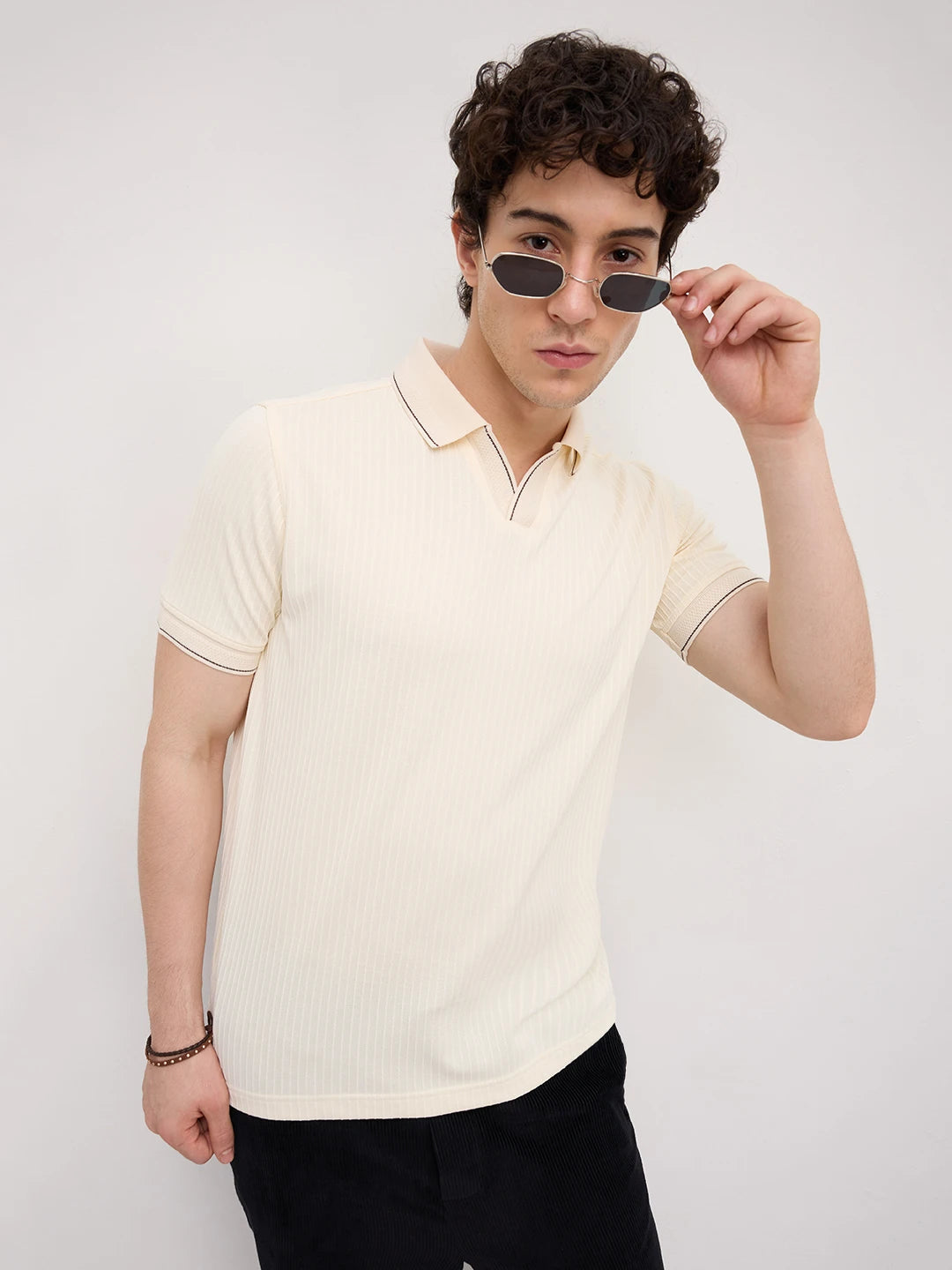 Elite Cream Pinstripe Weave Polo Tee