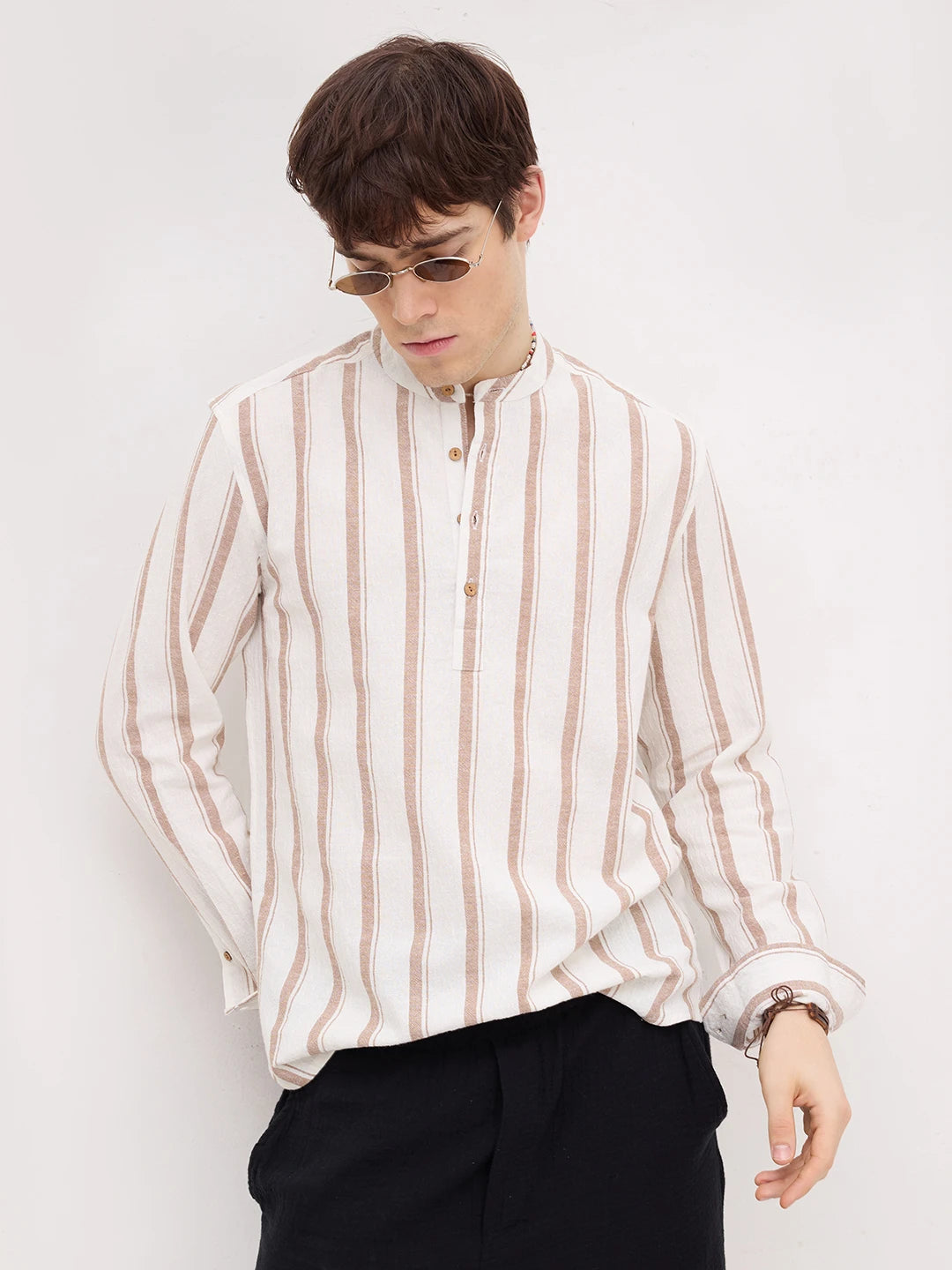 White & Brown Striped Kurta