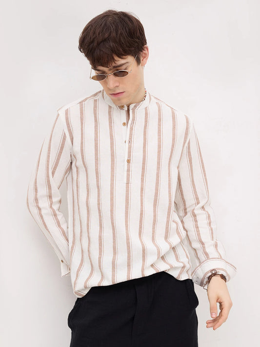 White & Brown Striped Kurta