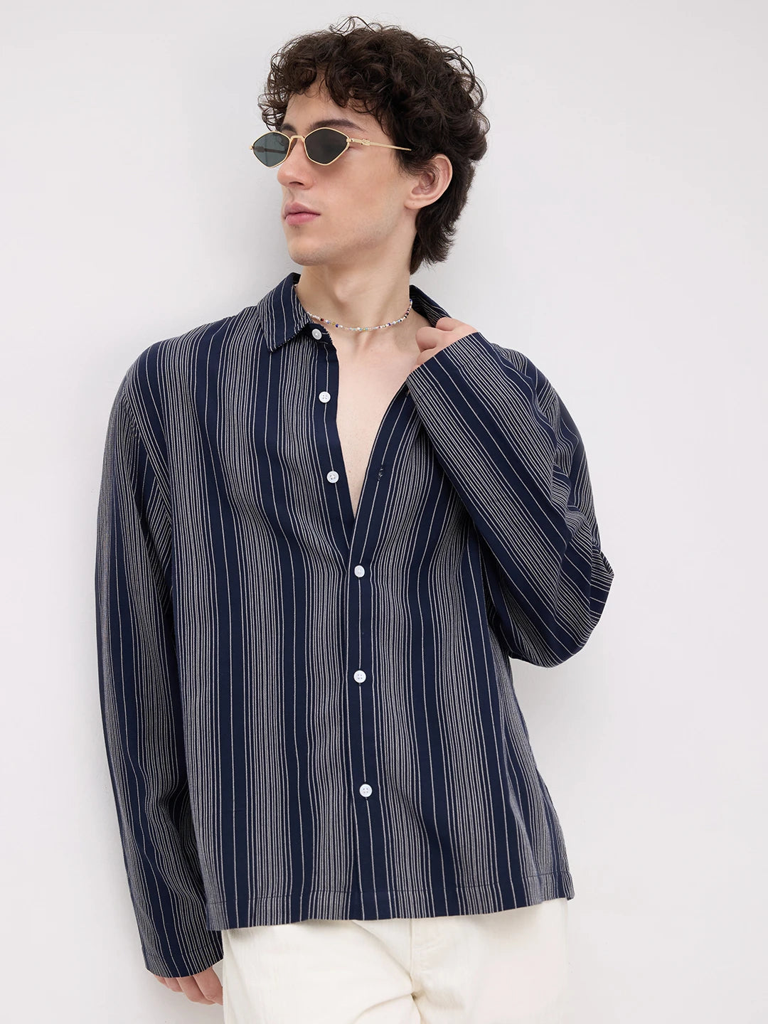 Navy Coastal Night Cuffless Oversized Shirt
