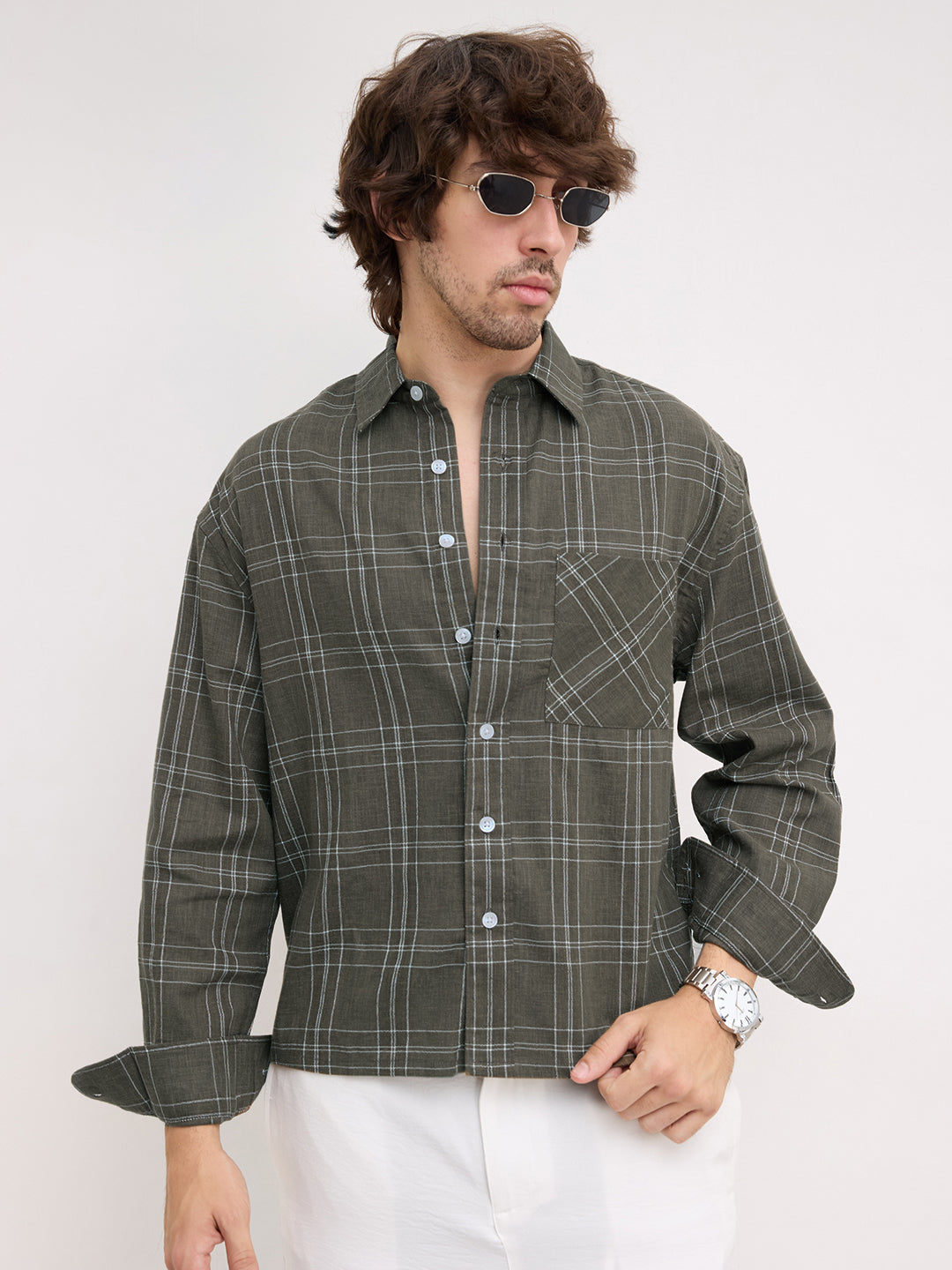 Earthy Olive Contrast Windowpane Checks Boxy Fit Crop Shirt