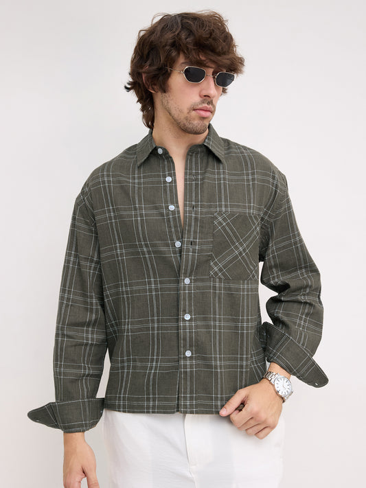 Earthy Olive Contrast Windowpane Checks Boxy Fit Crop Shirt