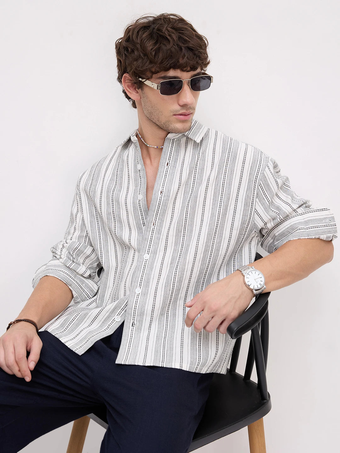 Refined Monochrome Striped Boxy Fit Crop Shirt
