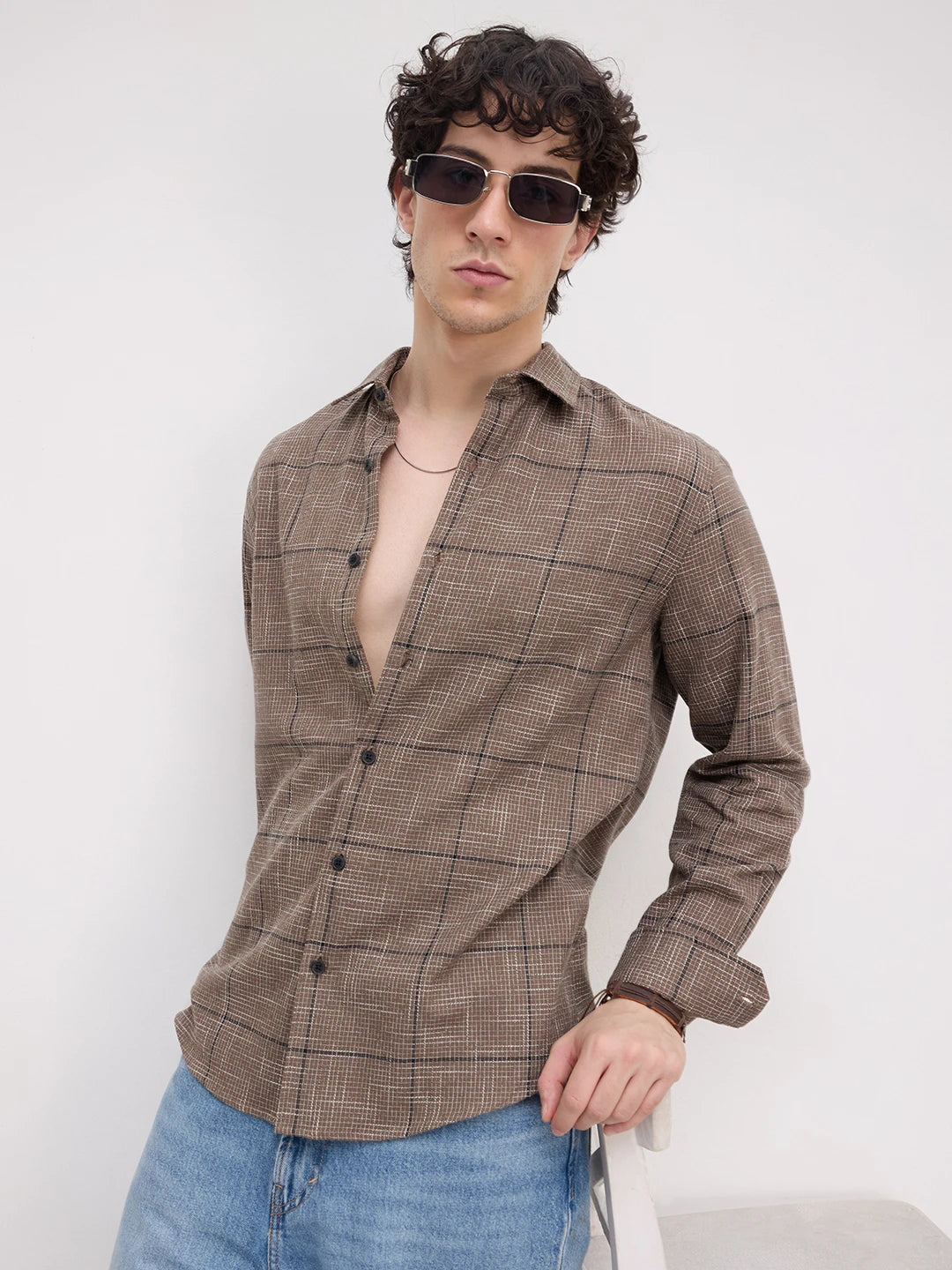Russet Brown Contrast Windowpane Checks Shirt
