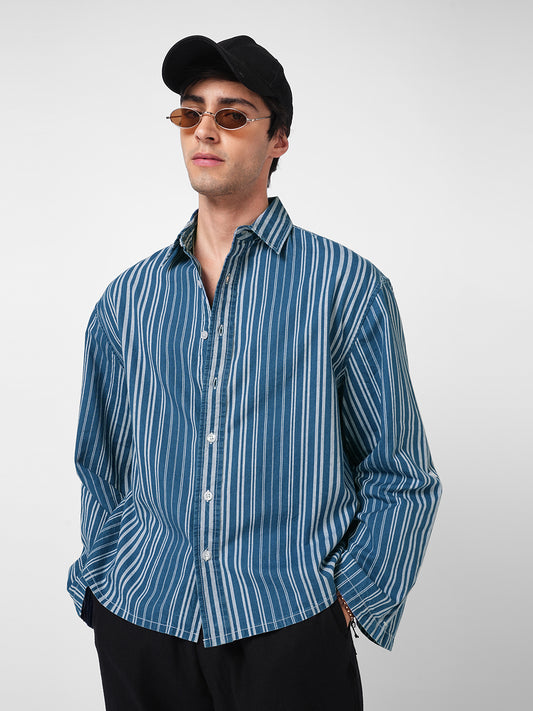 Denim Blue & White Bold Striped Cuffless Oversized Crop Shirt