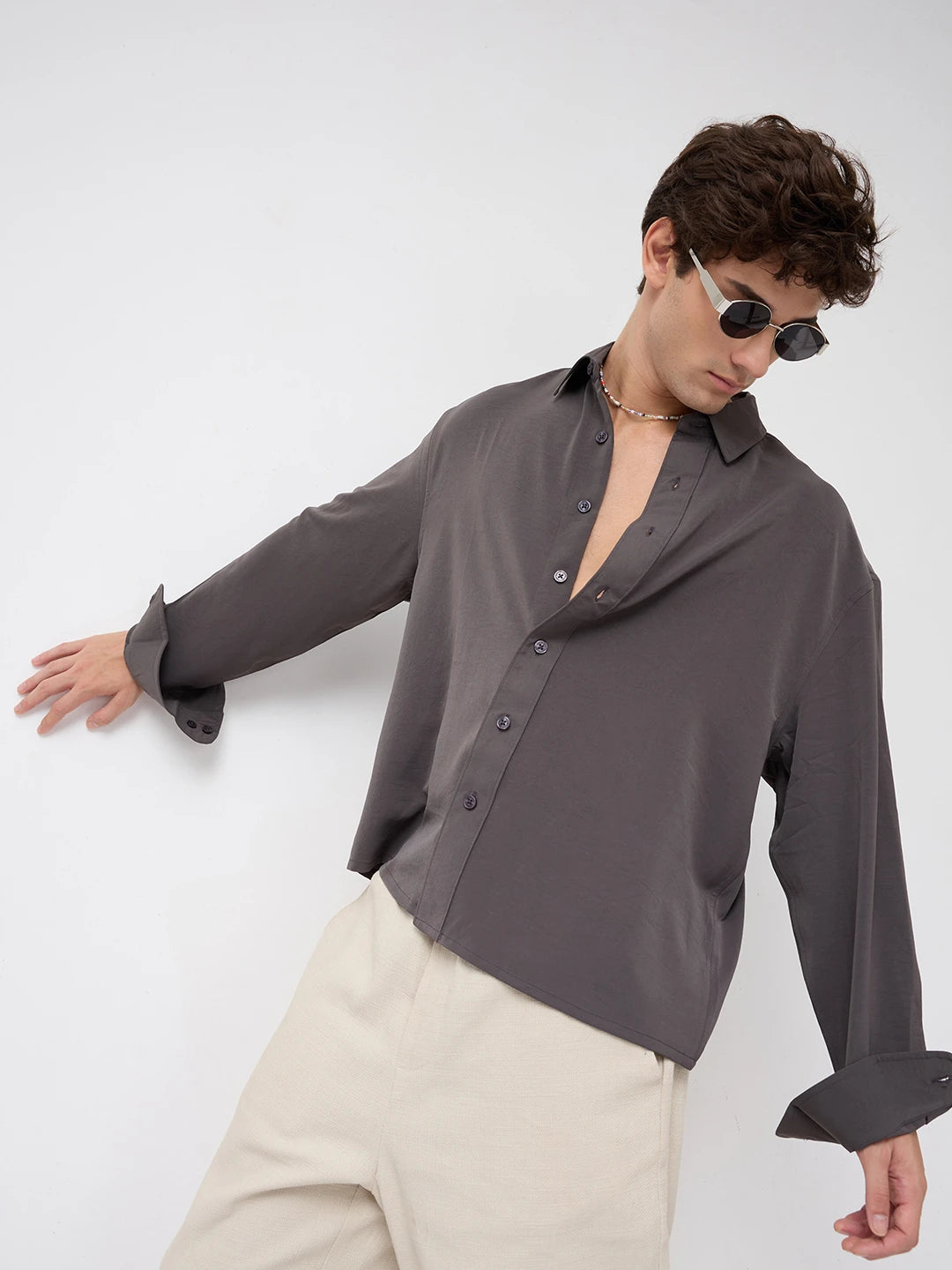 Luxe Charcoal Grey Ultra Soft Boxy Fit Crop Shirt