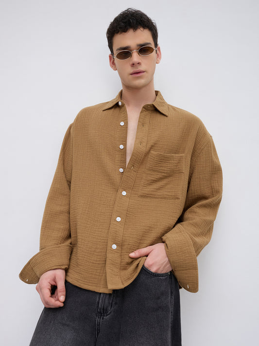 Timeless Tan Brown Double Cloth Boxy Fit Crop Shirt