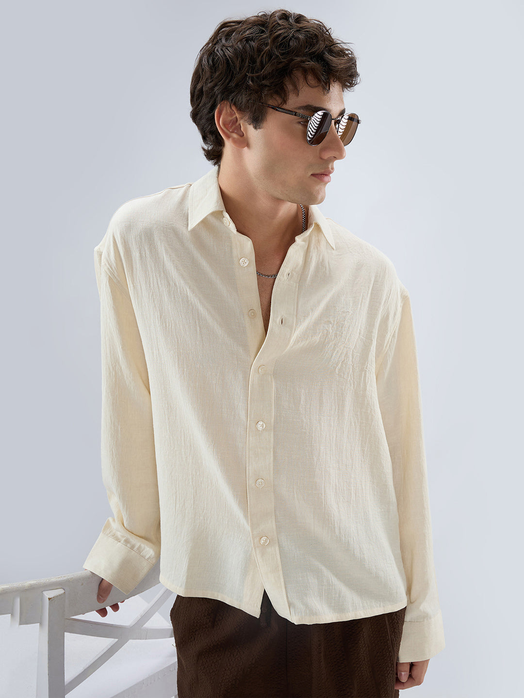 Cream Breeze Minimal Textured Boxy Fit Crop Shirt