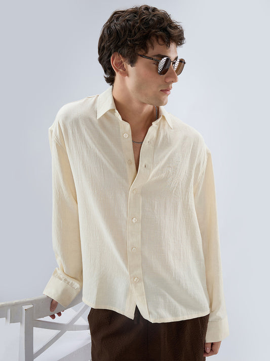 Cream Breeze Minimal Textured Boxy Fit Crop Shirt