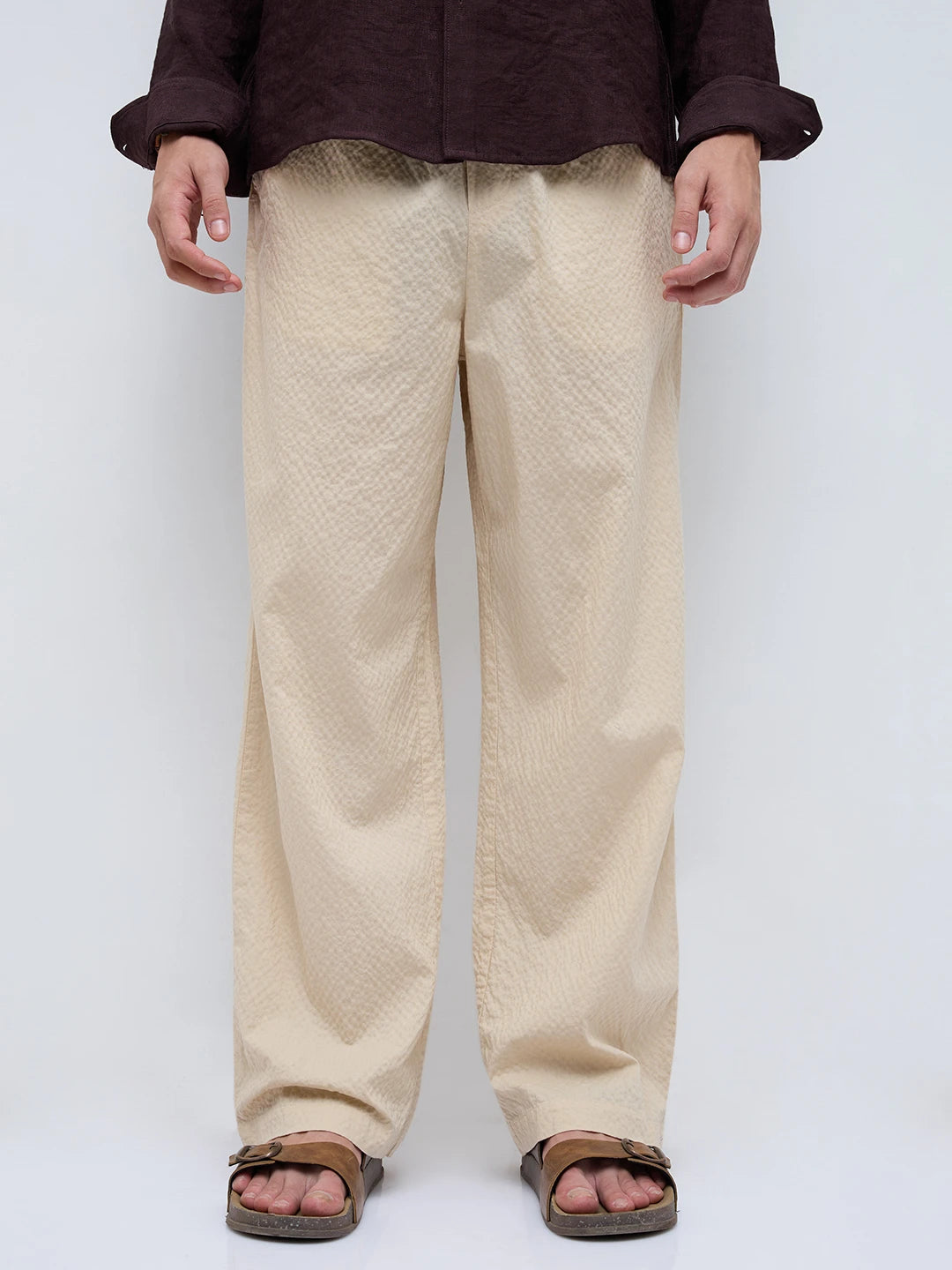 Sand Beige Crinkled Straight Fit Trousers