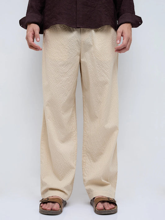 Sand Beige Crinkled Straight Fit Trousers
