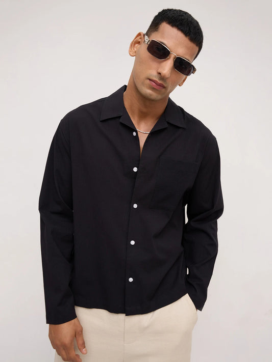 Luxe Black Fine Textured Notch Collar Oversized Shirt