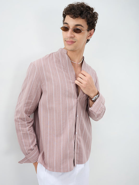 Deep Pastel Peach Striped Linen Blend Stand Collar Oversized Shirt