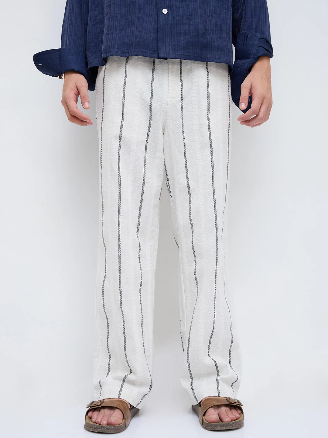 Artisan Off-White Wavy Striped Straight Fit Trousers