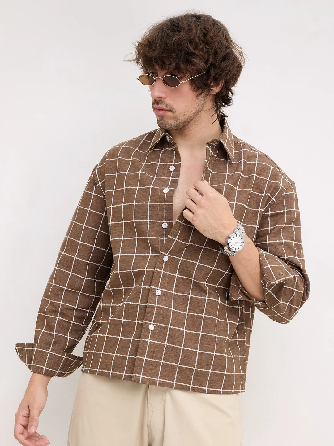 Natural Wood Brown Square Checks Boxy Fit Crop Shirt