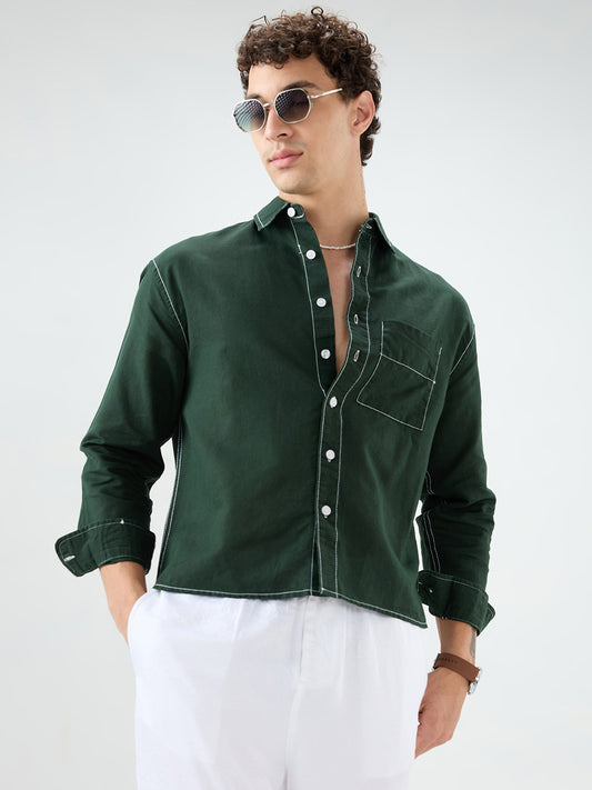 Luxe Sacramento Green Contrast Stitch Linen Blend Boxy Fit Crop Shirt
