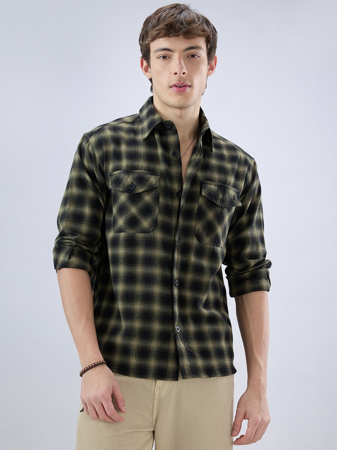 Deep Olive Soft Rustic Checks Double Pocket Shirt