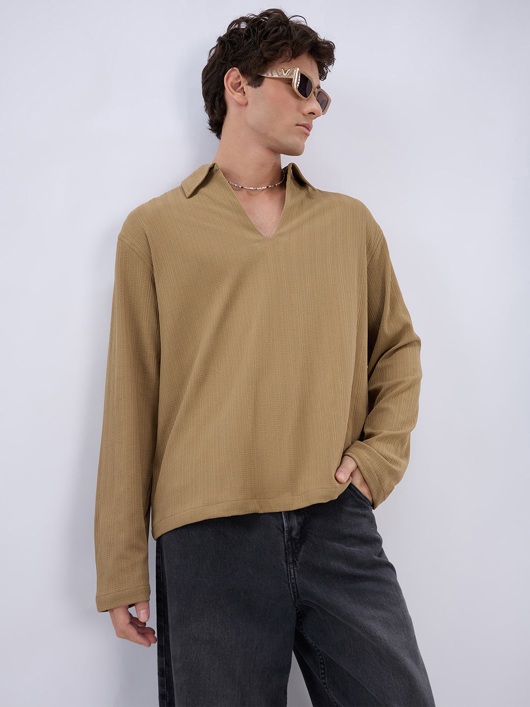 Soft Khaki Ribbed Textured Polo Oversized Knitted Shirt