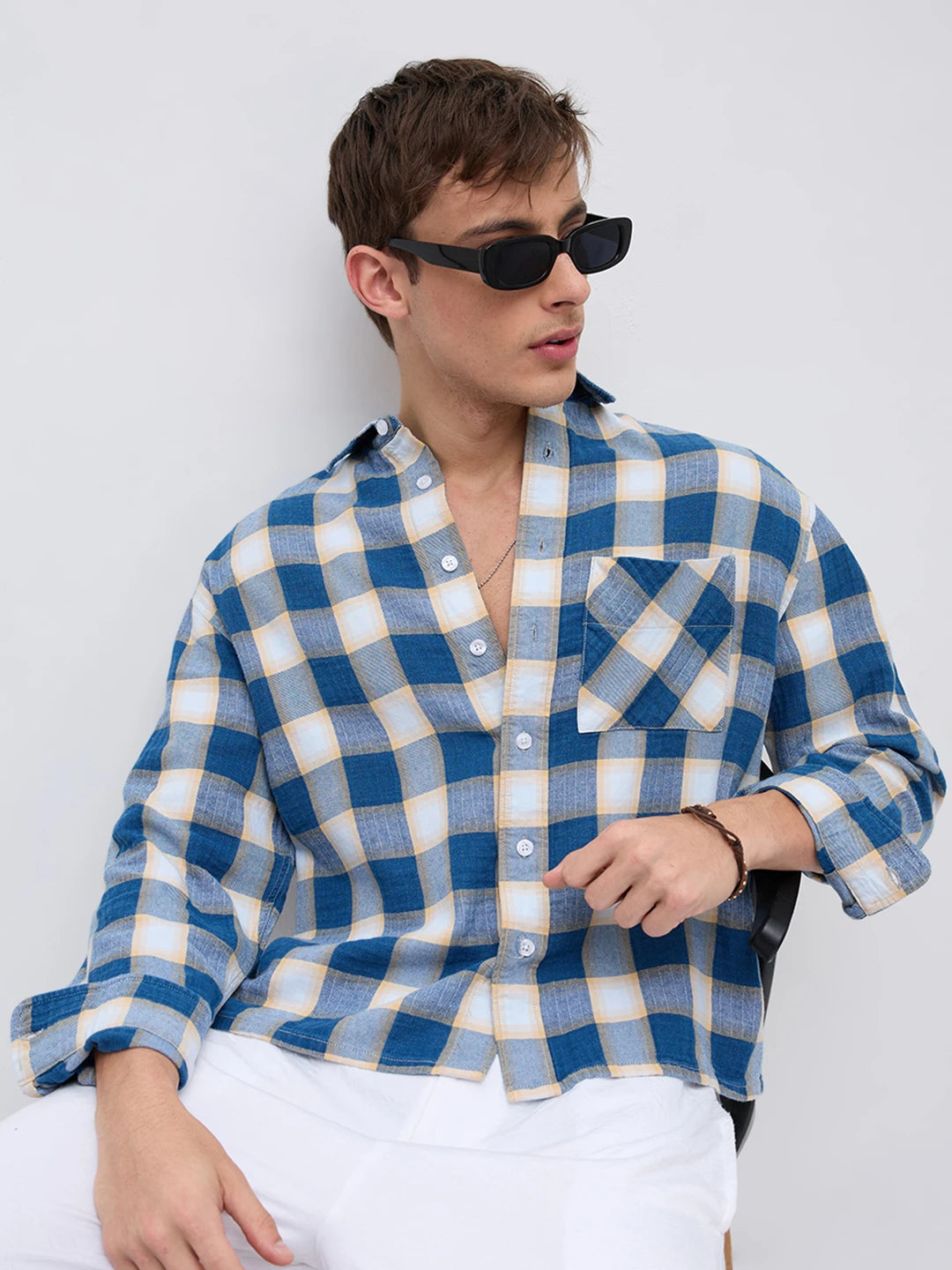 Denim Blue & Beige Box Checks Boxy Fit Crop Shirt