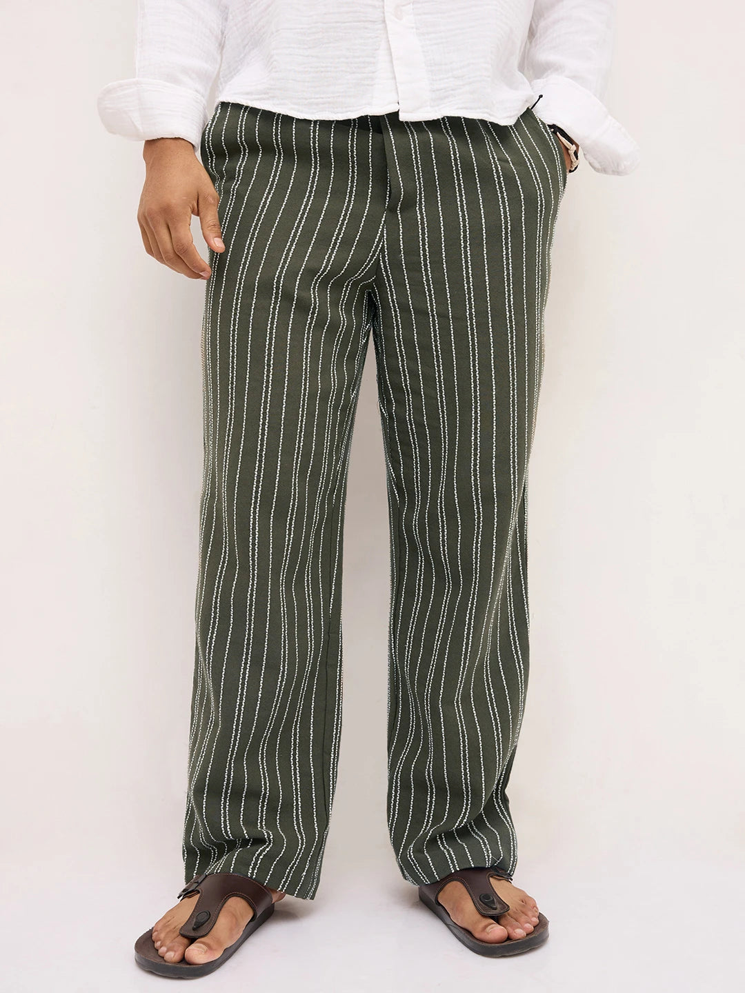 Artistic Olive Crochet Striped Straight Fit Trousers