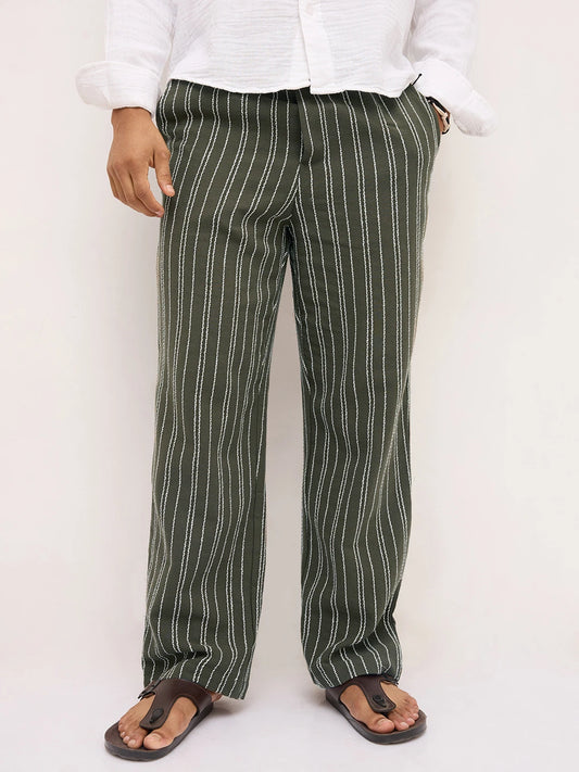 Artistic Olive Crochet Striped Straight Fit Trousers