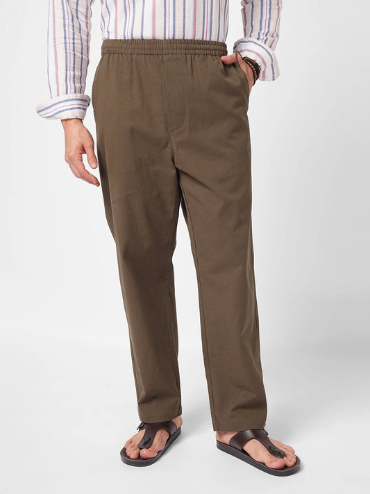 Solid Brown Tapered Trousers