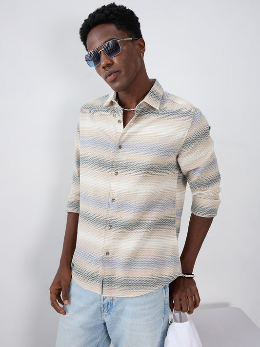 Natural Sand Beige Contrast Motif Striped Shirt