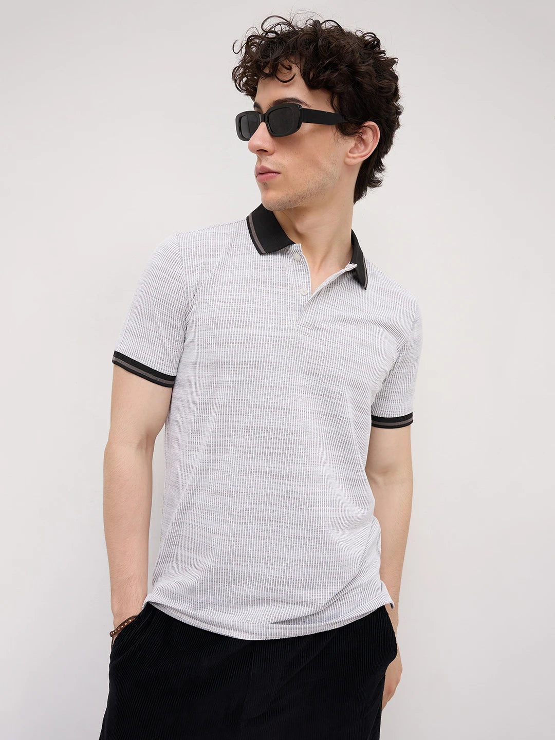 White Stripe Textured Contrast Polo Knit T-Shirt