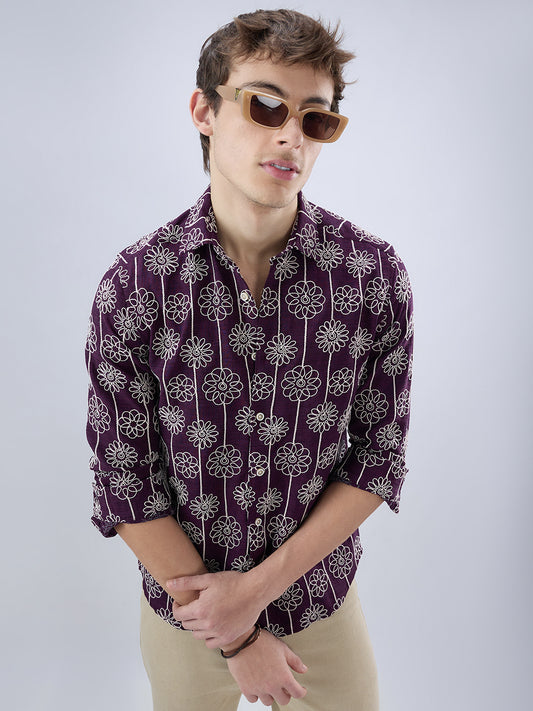 Wine Floral Embroidered Slub Shirt