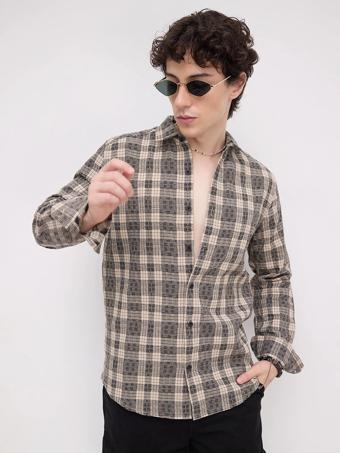 Vintage Beige Plaid Checks Shirt