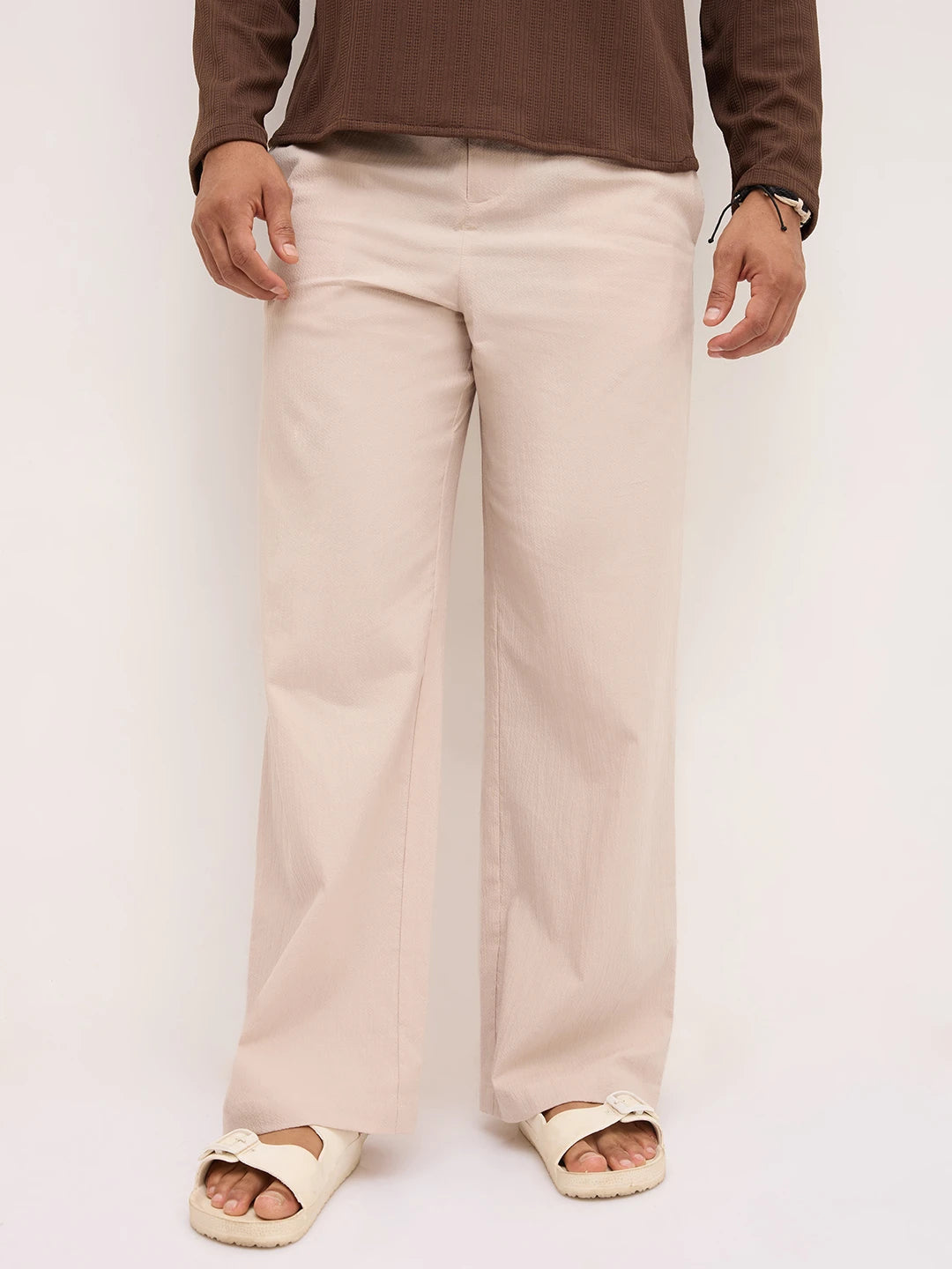 Sand Beige Fine Textured Wide Leg Trousers
