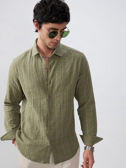 Premium Olive Grid Emboss Double Cloth Textured Shirt