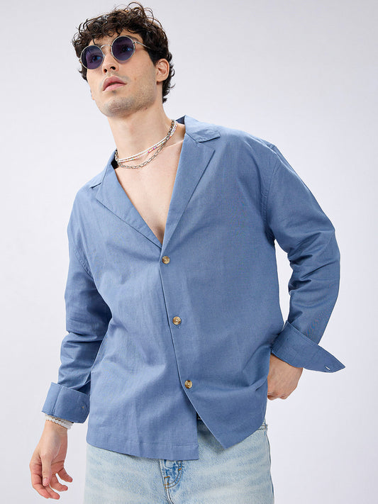 Steel Blue Linen Blend Lapel Collar Oversized Shirt