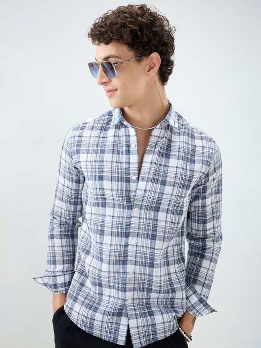 Navy & White Plaid Checks Textured Shirt
