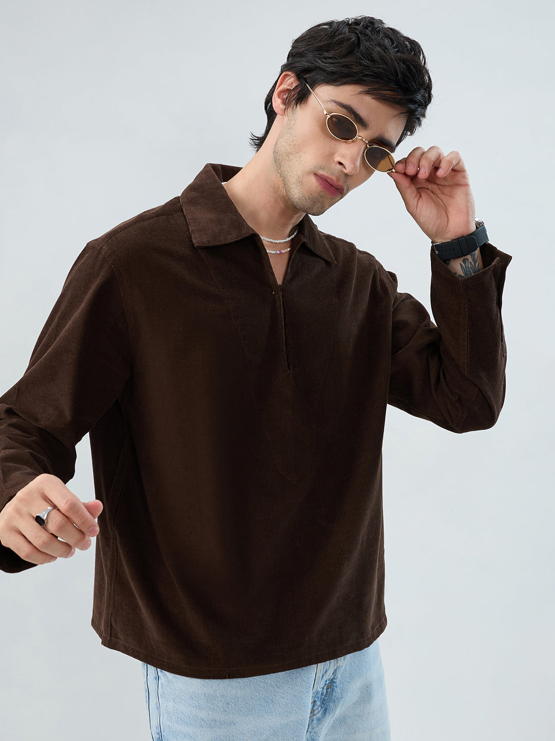 Carob Brown Corduroy Cuffless Oversized Shirt