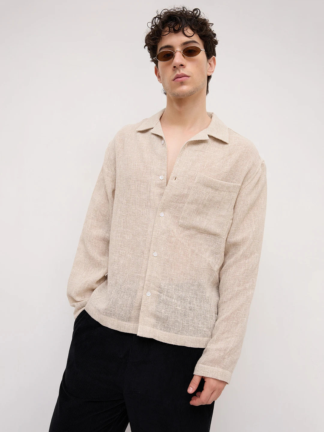 Artisan Sand Mesh Weave Notch Collar Oversized Shirt