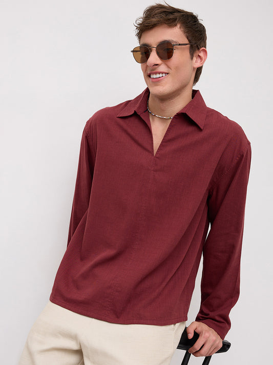 Maroon Slub Textured Center Seam Oversized Polo Shirt