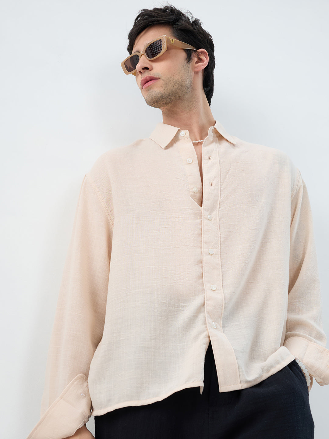 Pearl Cream Soft Sheer Slub Textured Shirt