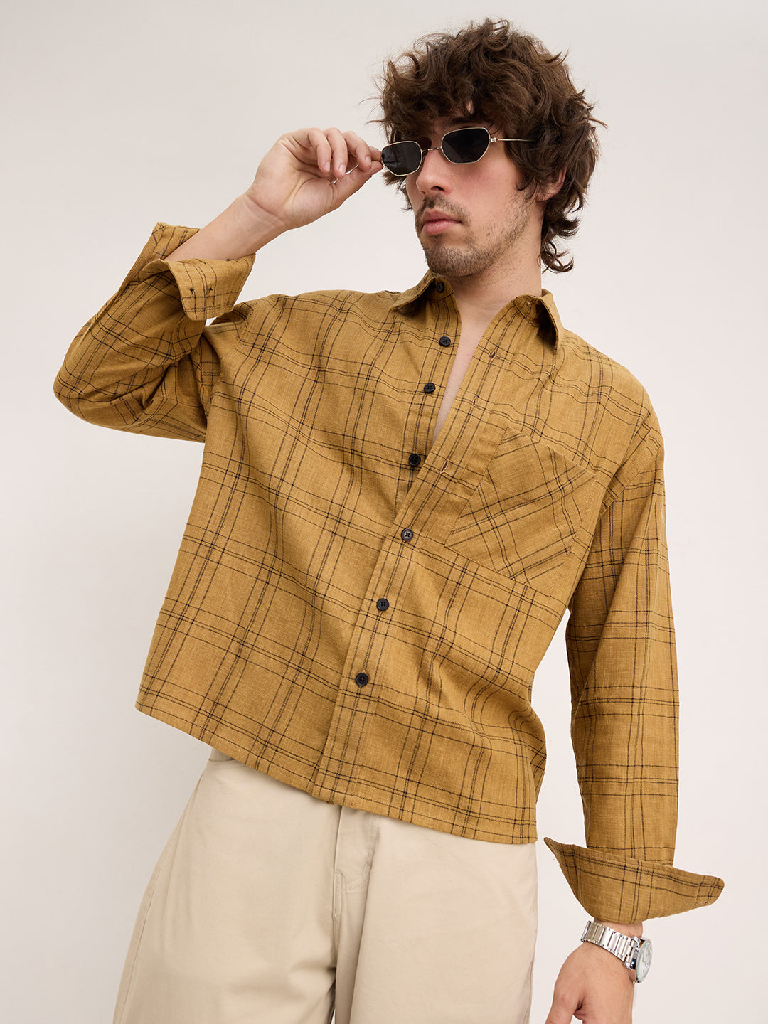 Khaki Contrast Windowpane Checks Boxy Fit Crop Shirt