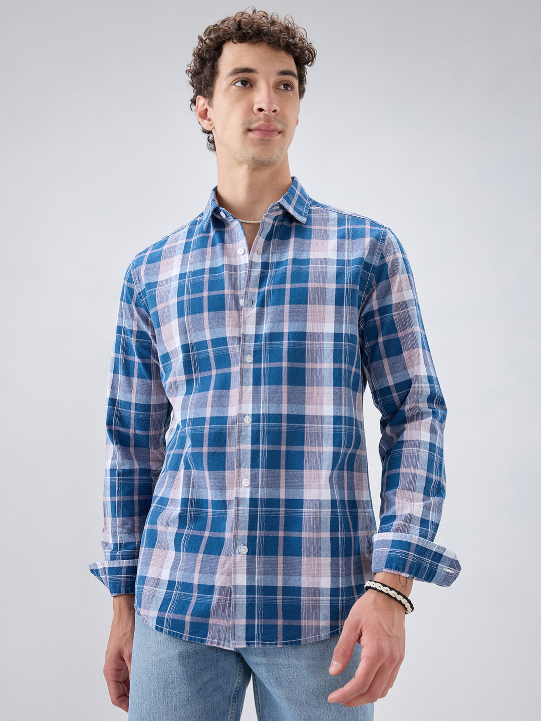 Denim Blue & Peach Multi Line Block Checks Shirt