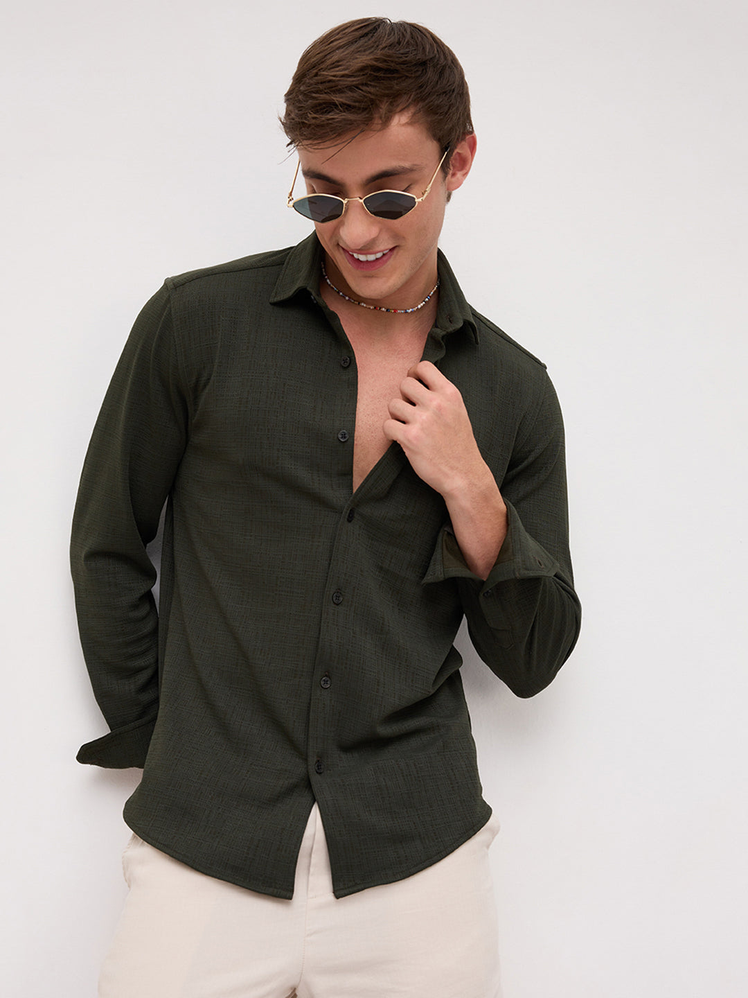 Dense Forest Green Mini Checks Textured Knitted Shirt