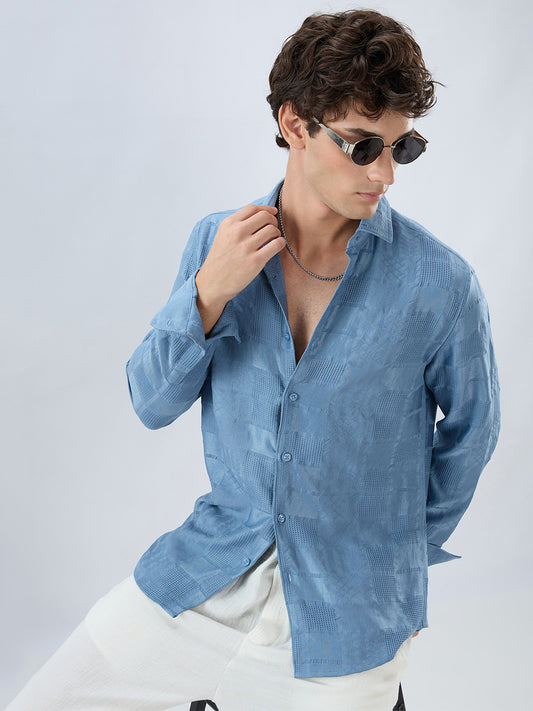 Teal Blue Block Checks Motif Embossed Textured Shirt