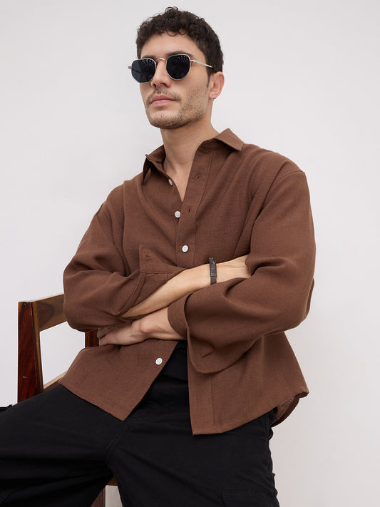 Plush Chocolate Brown Sheer Weave Boxy Fit Crop Shirt