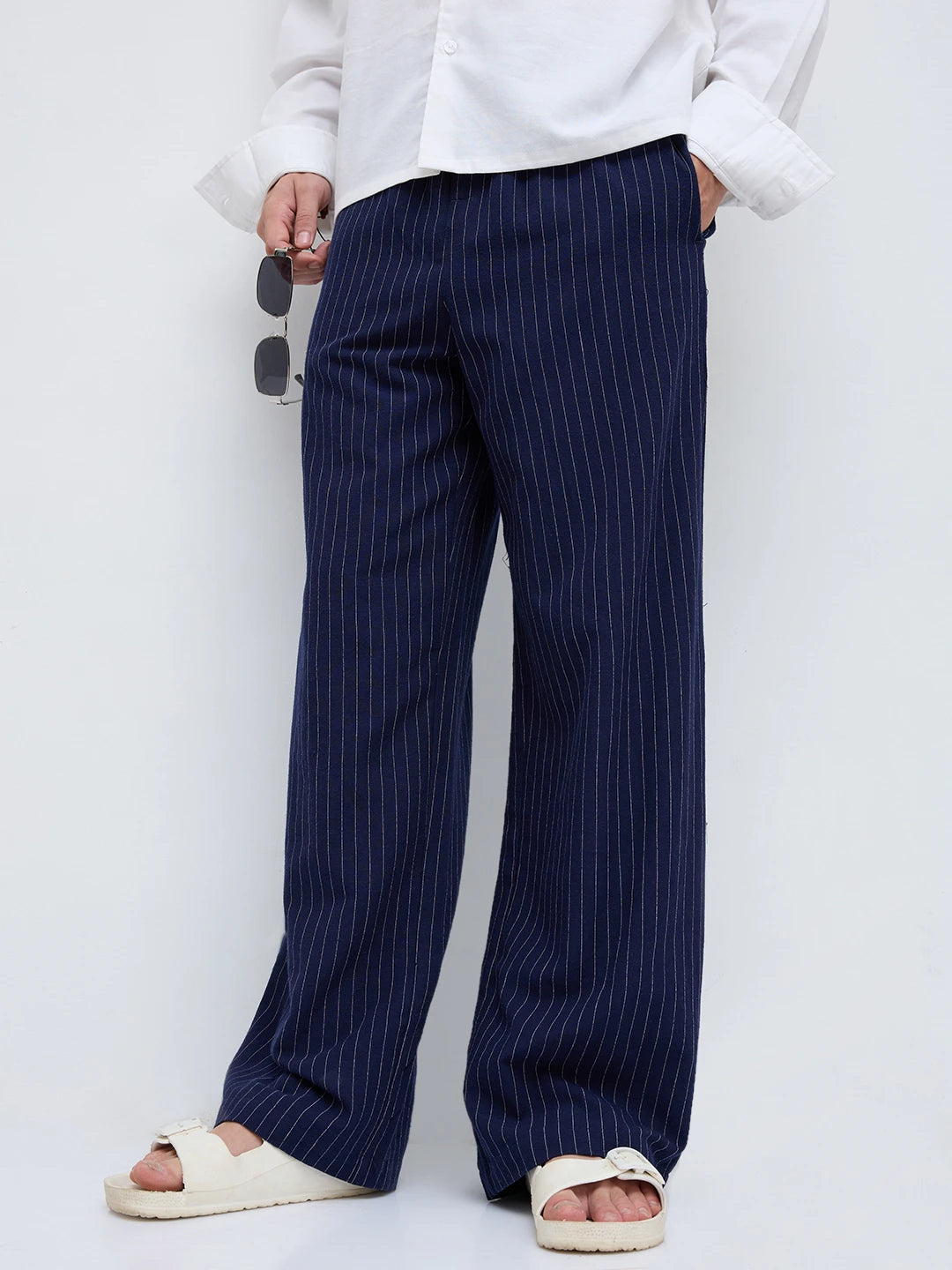 Navy Pinstripe Wide Leg Trousers