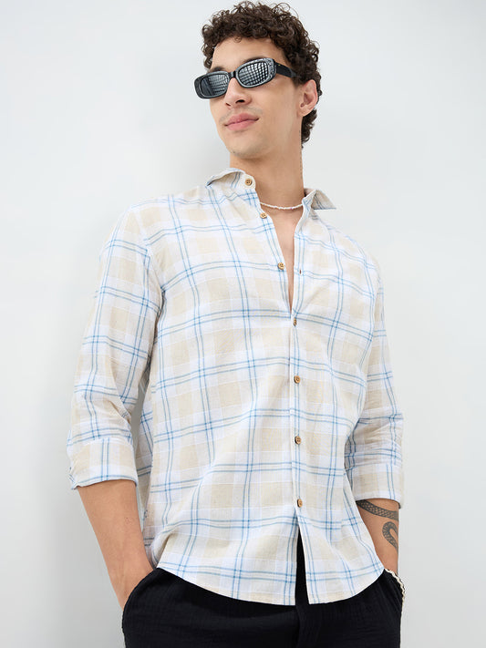 Soft Sand Contrast Windowpane Checks Linen Blend Shirt
