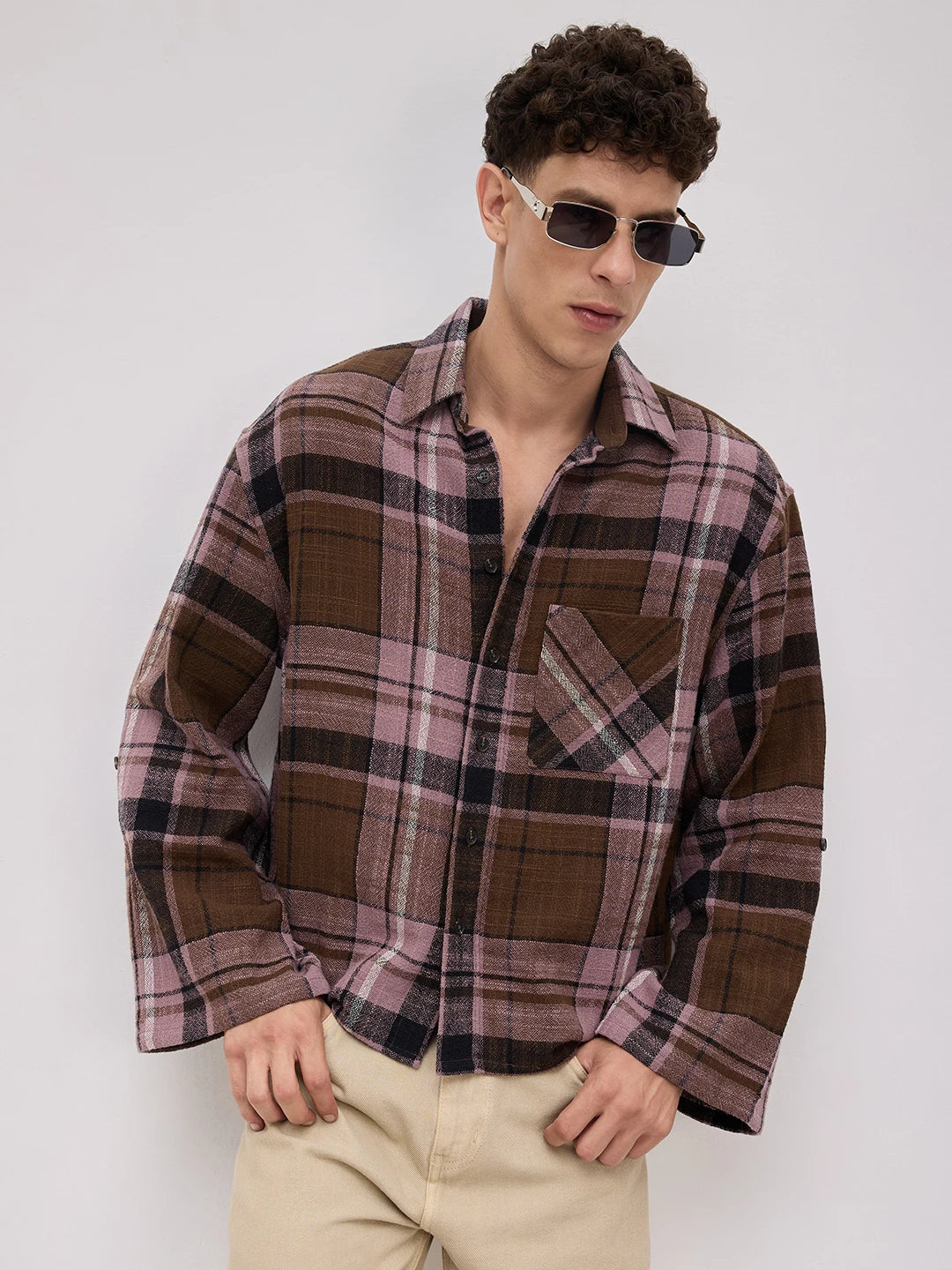 Luxe  Brown & Black Interlock Checks Cuffless Oversized Crop Shirt
