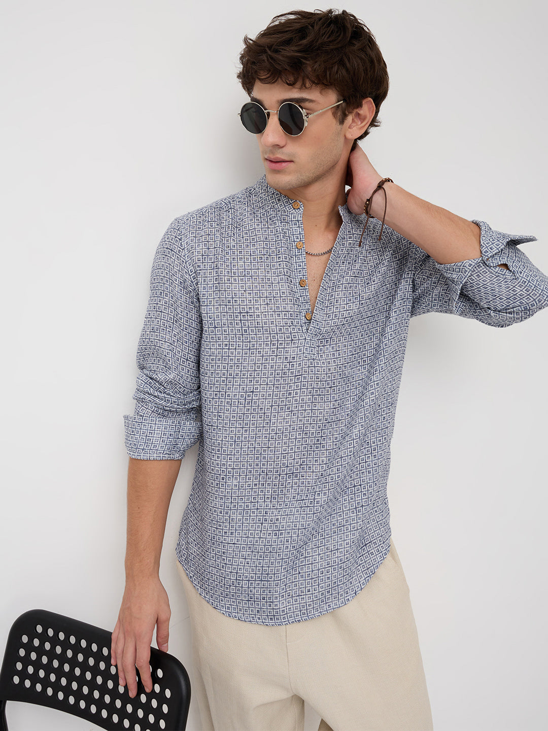 Navy Geometric Maze Textured Kurta