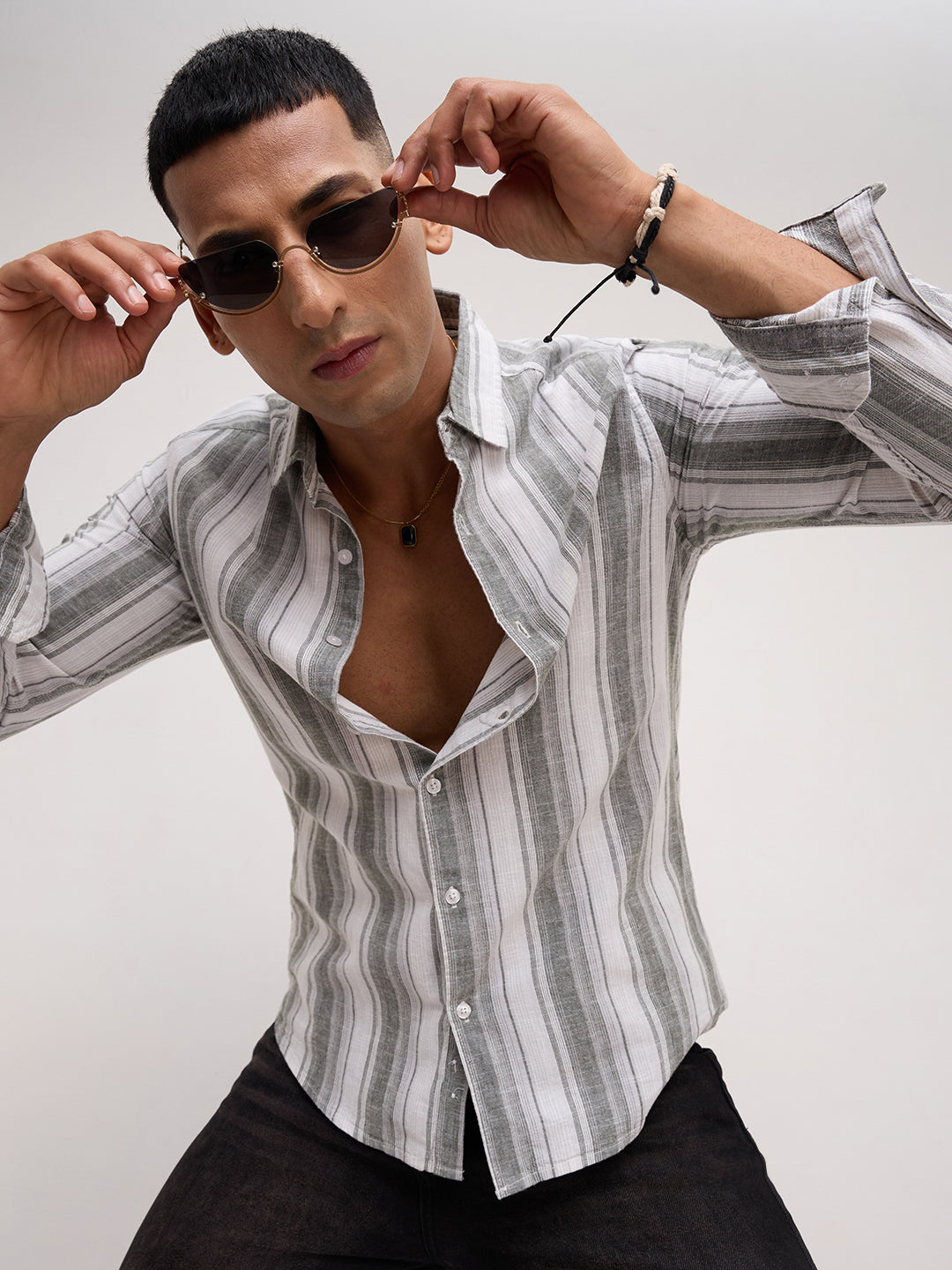 Ash Grey Shadow Striped Linen Blend Shirt