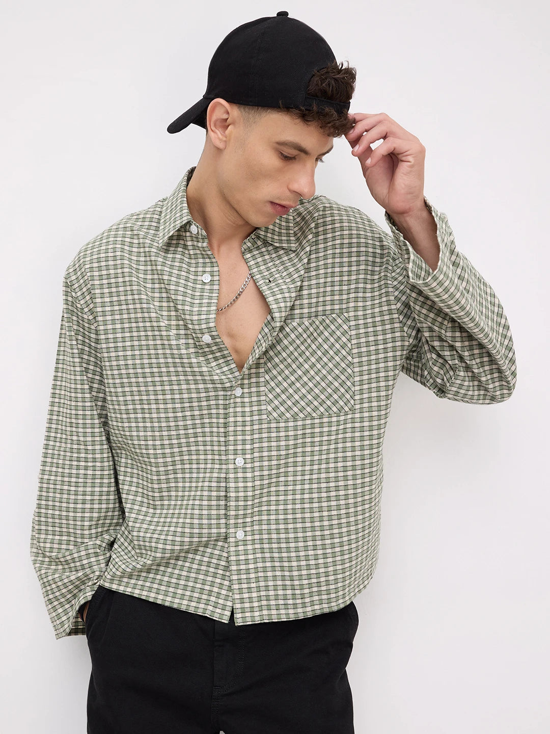 Moss Green & Ivory Cuffless Oversized Crop Shirt